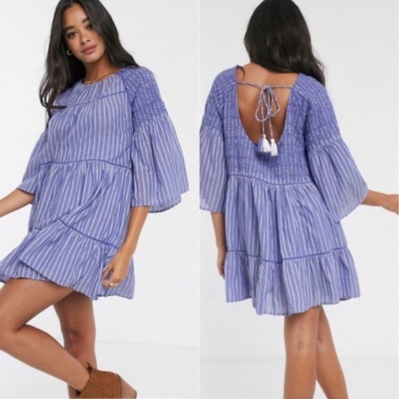 NWT Free People LOLA Embroidered Flounce Mini Dress Top Blue S Blue White NEW - Picture 4 of 10